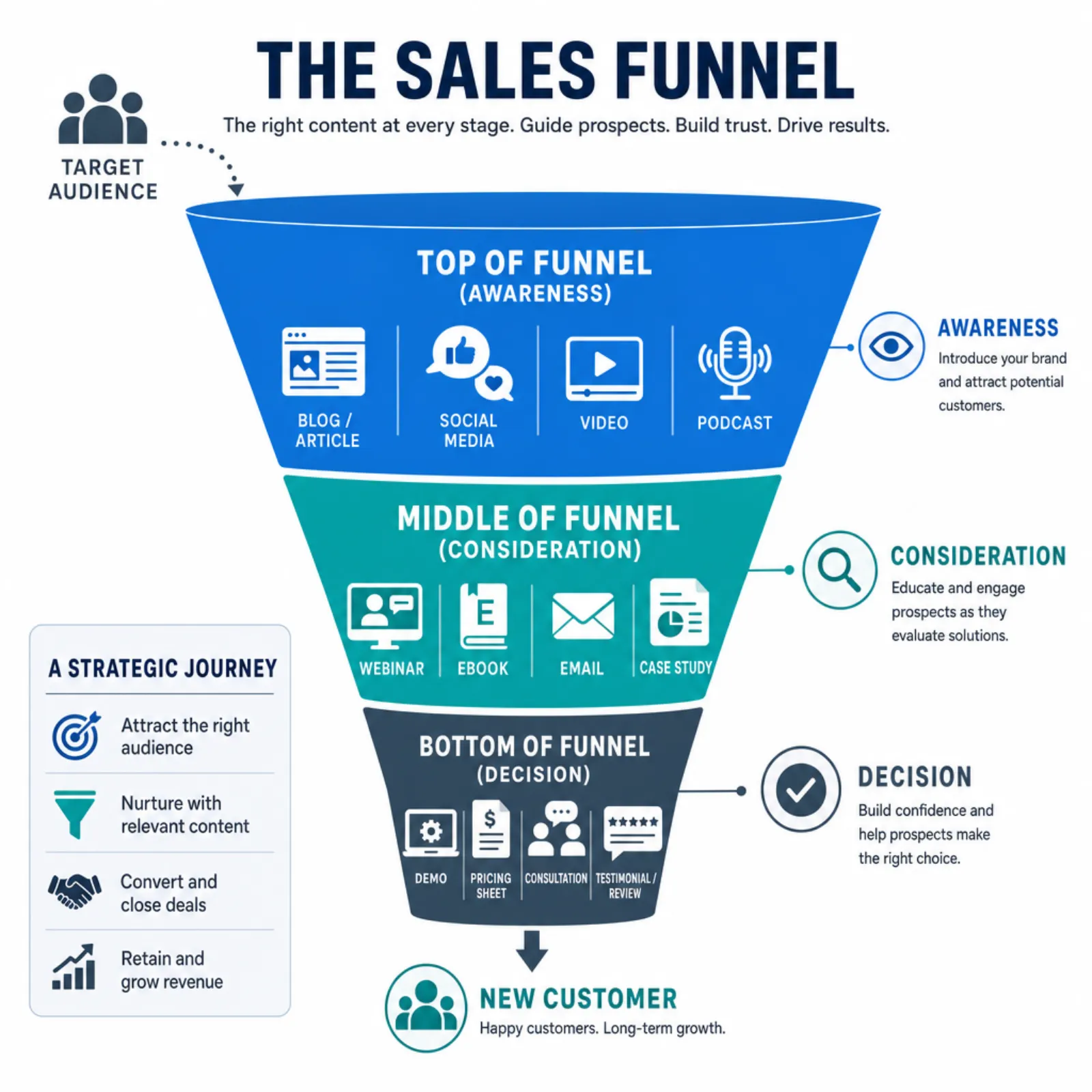 Content marketing sales funnel showing awareness, consideration, and decision stages