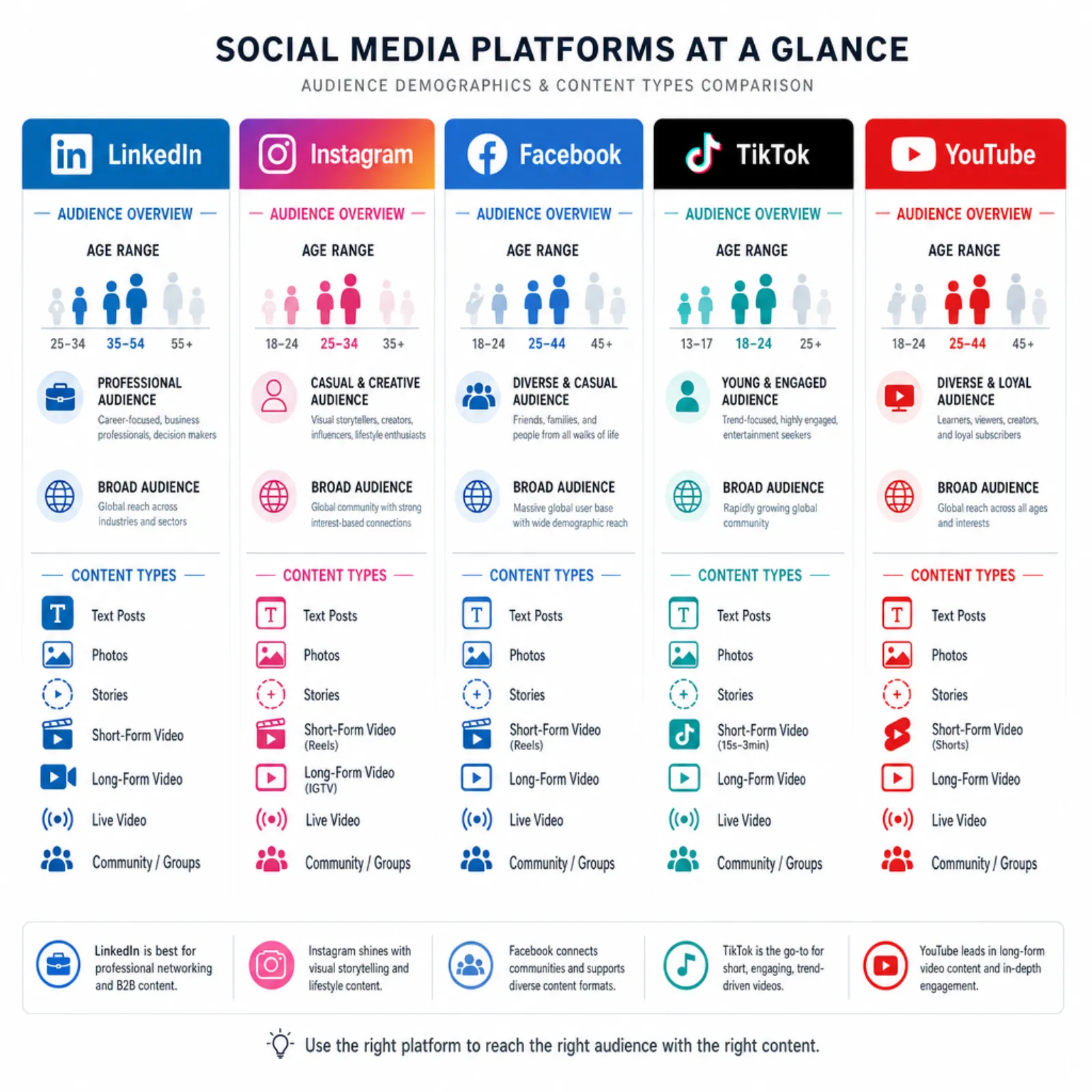 Social media platform comparison chart showing audience demographics and content types