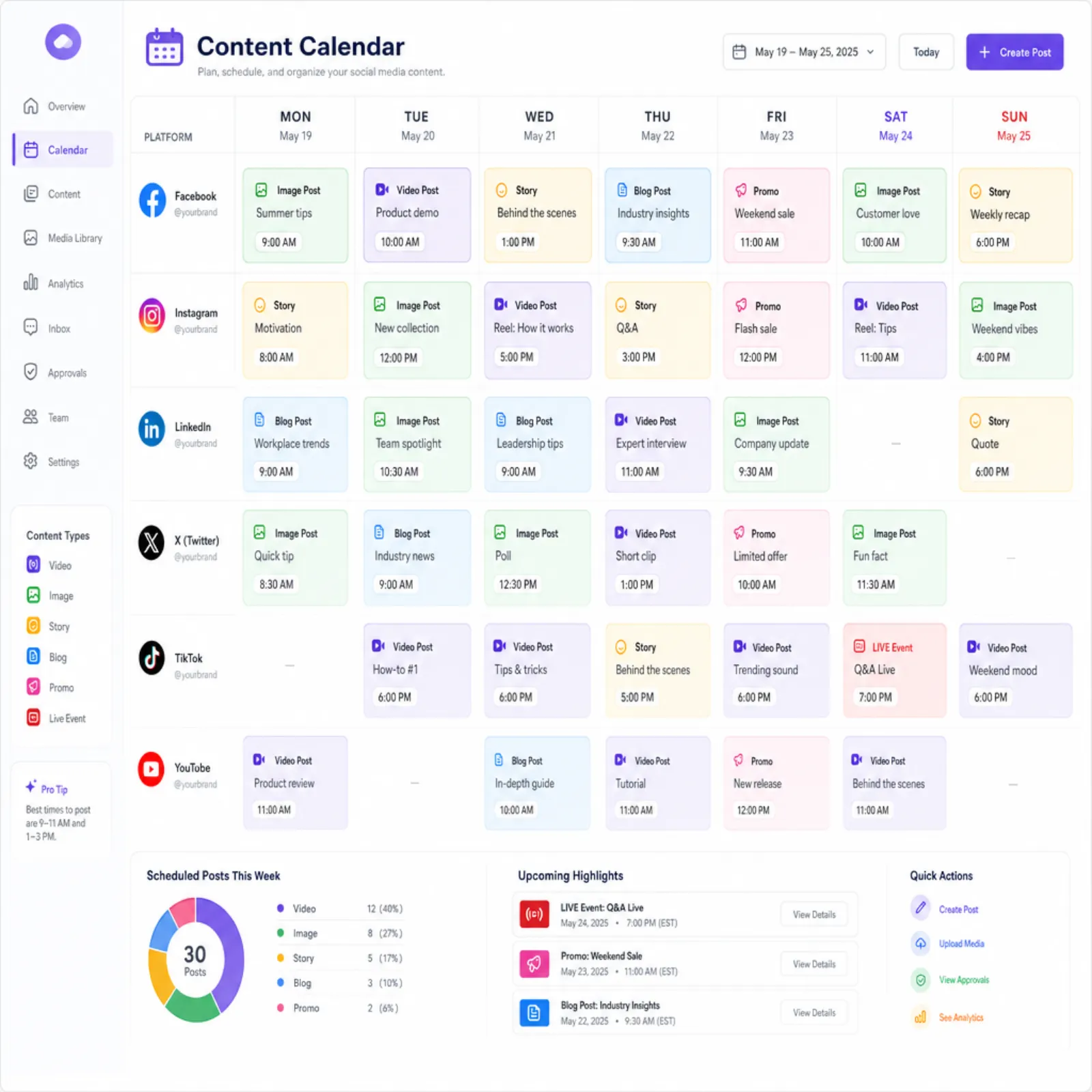 Content calendar visualization with scheduled posts across multiple social media platforms